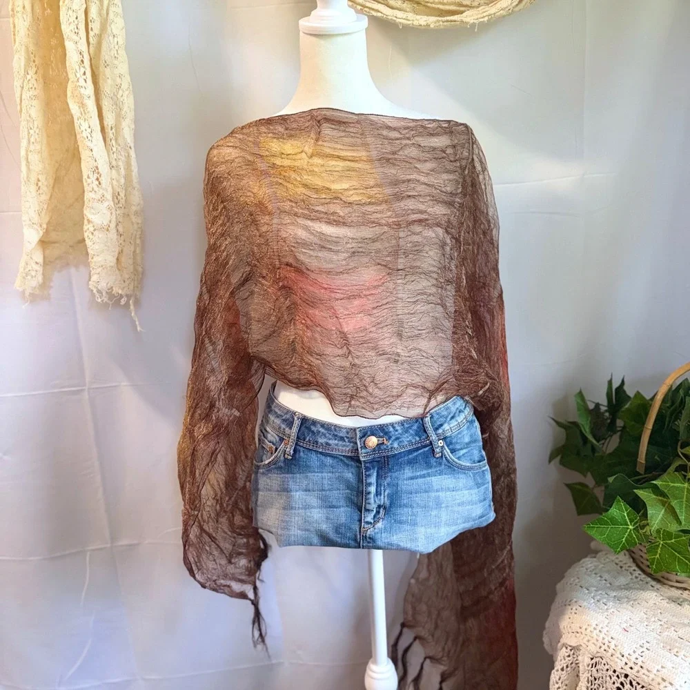 Boho Whimsical Bronze Copper Crinkle Sheer Stripe Fringe Scarf Wrap Earth Tones